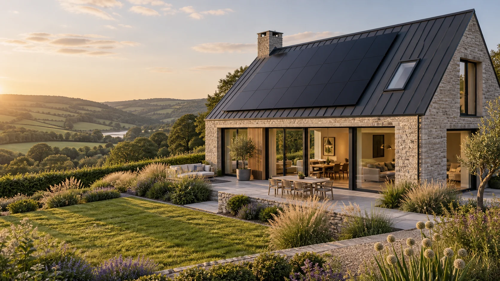 Architectural concept of a Devon home with roof-mounted solar panels